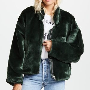 FREE PEOPLE FURRY GREEN FAUX FUR BOMBER JACKET